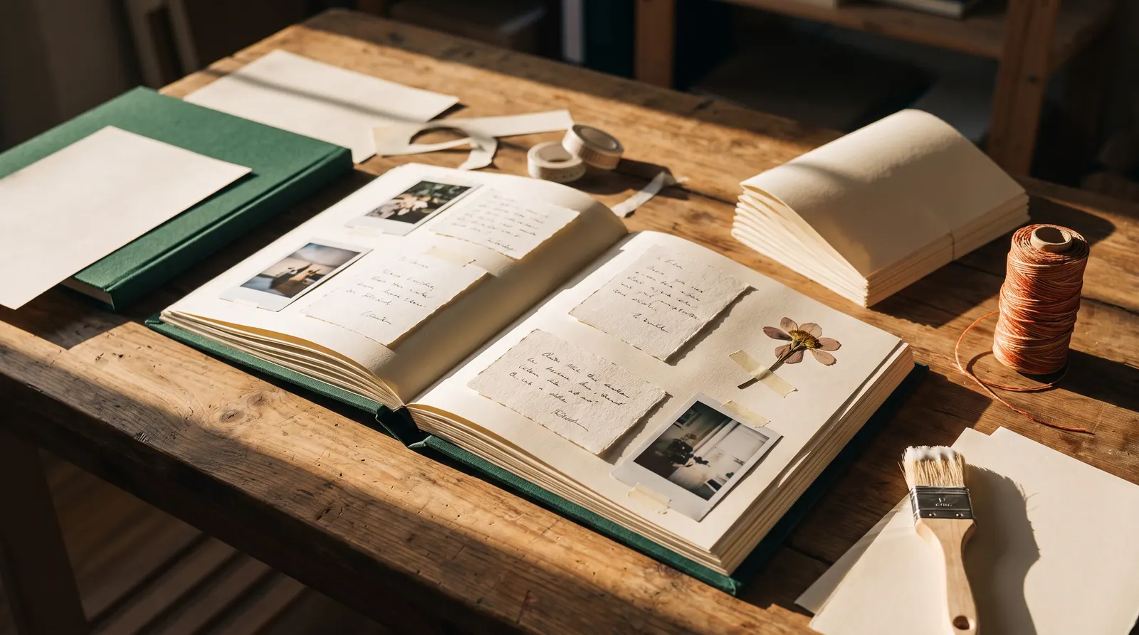 L’ébauche du livre d’or, ouvert sur une table : mots manuscrits et photos glissés entre les pages