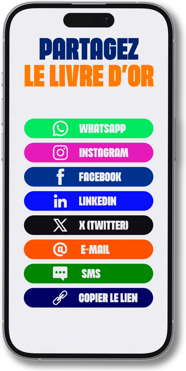 Un téléphone affichant l’écran de partage du livre d’or : WhatsApp, Facebook, e-mail, SMS, copier le lien