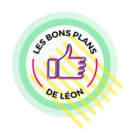 Les bons plans : “Pictogramme représentant un pouce rose entouré d’un cercle vert avec inscrit “les bons plans de Léon”