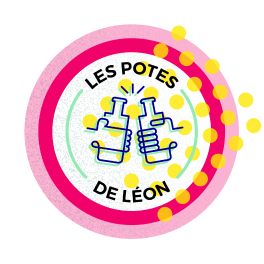 Les potes : “Pictogramme représentant le fait de trinquer entouré d’un cercle rose où il est inscrit “Les potes de Léon”.